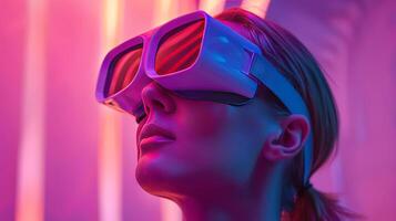 Futuristic Woman Experiencing Virtual Reality with Advanced VR Headset in Neon Lights photo