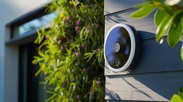 Modern Smart Home Doorbell with Greenery in Sunlit Background photo