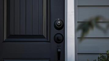 Modern Smart Door Lock on Black Front Door for Home Security photo