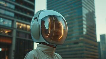 Futuristic Sci-Fi Helmet on Urban Skyline Background. Modern Technology and Innovation in Cityscape photo