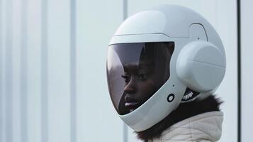 Futuristic Helmet Design with Dark-Tinted Visor on Woman Against Minimalist Background photo