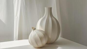 Minimalist Ceramic Vases on White Table with Soft Light and Curtain Background photo