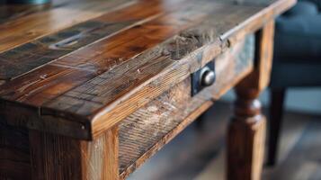 Rustic Wooden Table. Detailed Texture and Craftsmanship in Natural Light photo