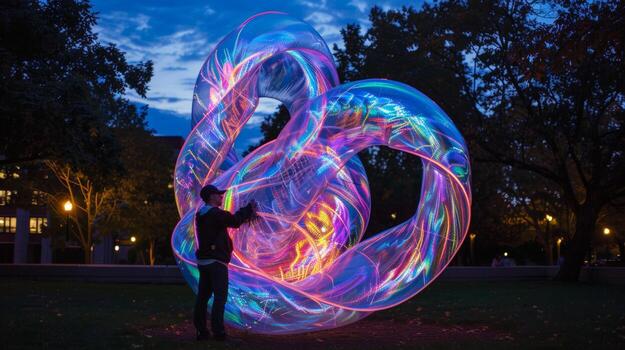 Man Creating Vibrant Light Painting in Park During Twilight with LED Light Rope photo