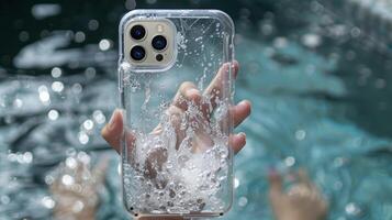 Hand Holding Waterproof Smartphone Case with Clear Cover in Pool Setting photo