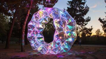 Neon Geometric Sculpture in Park at Sunset Capturing Light Reflections and Modern Art Vibes photo