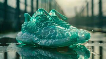 Futuristic Aqua Blue Sneakers on Wet Surface with Reflective Background Urban Fashion Concept photo
