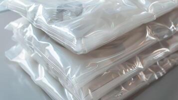 Stacked Vacuum-Sealed Plastic Bags. Modern Packaging Solutions for Storage and Preservation photo