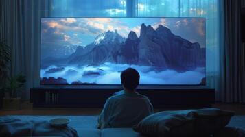 Man Enjoying Large 4K TV Screen with Stunning Mountain Landscape Scene at Night photo