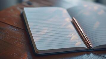 Open Notebook with Pen on Wooden Desk in Warm Sunlight photo