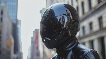 Futuristic Motorcycle Helmet in Urban Setting with Reflective Visor photo