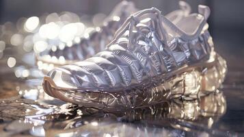 Futuristic Waterproof Sneakers with Transparent Soles on Wet Surface photo