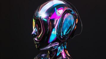 Futuristic Abstract Chrome Robot With Multicolor Reflections on Black Background photo