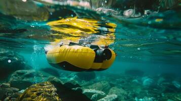 Yellow Waterproof Camera Floating Underwater Capturing Marine Life in Clear Blue Water photo
