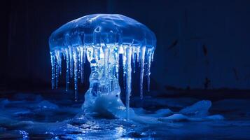 Glowing Ice Formation in Dark Environment. Blue Illuminated Icicles on Water photo
