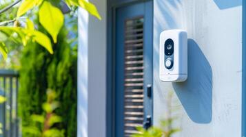 Modern Smart Home Surveillance. Outdoor Security Camera in Sunlit Garden photo