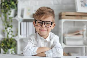 boy schoolboy in glasses sitting at table, school, studying, vision problem, vision correction, optics, ophthalmology photo