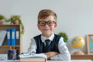 boy schoolboy in glasses sitting at table, school, studying, vision problem, vision correction, optics, ophthalmology photo