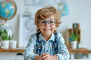 boy schoolboy in glasses sitting at table, school, studying, vision problem, vision correction, optics, ophthalmology photo