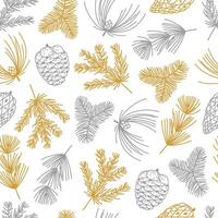 Christmas tree branches and pine cones, seamless pattern. Conifer twigs of wild fir, spruce, cedar. Gold and silver plants, festive winter ornament. Hand drawn sketch, botanical background vector