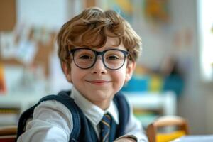boy schoolboy in glasses sitting at table, school, studying, vision problem, vision correction, optics, ophthalmology photo