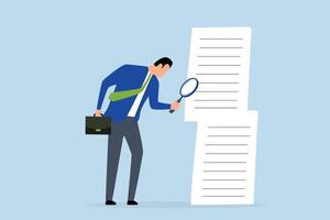 Document checking, businessman manager with big magnifying glass, checking document paper. vector