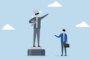 Ego, self important, businessman looks at statue of his self success and thinks about his ego. vector