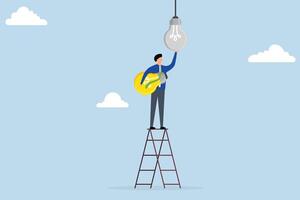 Change to new innovation, successful business manager climb ladder to change light bulb idea. vector