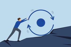 Consistency key to success, businessman pushes continuous circle symbol up mountain with full force. vector