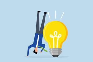 Think different to create unique idea, businessman who tries to think of idea with light bulb in another position. vector