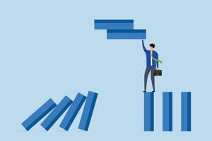 Risk management, businessman company manager remove dominoes to stop domino effect of collapse. vector