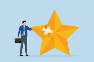 Reputation management, businessman fix broken rating star with bandage. vector