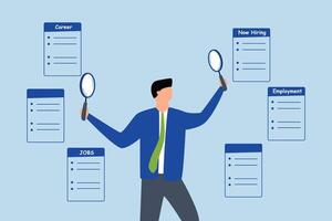 Job seeking, businessman using magnifying glass in two hands and looking for new career. vector