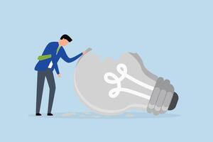 motivation after business failure, depressed businessman standing with old broken light bulb idea that failed miserably. vector