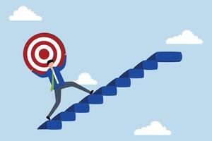 Effort and ambition to reach goal, strong businessman carrying big target on his shoulder going up the stairs. vector