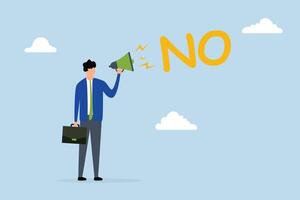 Learn to say no, confident businessman speaks loudly in megaphone with the word No to his boss. vector