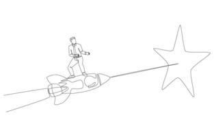 Continuous one line drawing of businessman riding rocket to reach star, ambition for successful startup, aiming for positive business feedback concept, single line art. vector