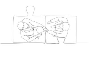 Continuous one line drawing of two businessmen shaking hands on connected jigsaw pieces, partnership or working together for success concept, single line art. vector