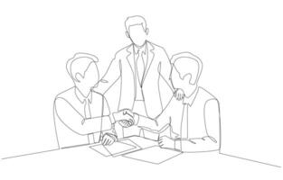 Continuous one line drawing of businessman introducing outsourced employee to his employee to work together, strong business connection, outsourcing to ease workload concept, single line art. vector