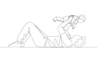 Continuous one line drawing of father lifting his child on bed, happy parenting concept, single line art. vector