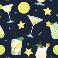 seamless cocktails and slices of fruit pattern on dark background. Summer bright design with mojito, martini, champagne, pina colada can be used for wallpaper, website, wrapping paper, fabric vector