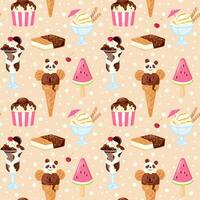 Summer vecor seamless pattern with hand drawn different ice cream. Modern sweet ice-cream popsicle with sprinkling, scoop balls in cups on beige background for fabric, textile, wallpaper vector