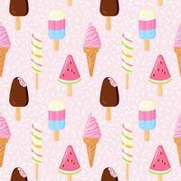 Summer seamless pattern with hand drawn different ice cream. Modern sweet ice-cream cone, popsicle, with fruit flavor on pink texture for fabric, textile, wallpaper vector