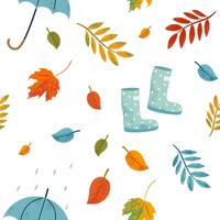 autumn seamless pattern with rubber boots, umbrella, foliage and floral elements. Repeated fall texture. Cozy hand drawn seasonal background. vector