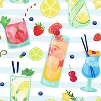 seamless cocktails and slices of fruit pattern on striped background. Summer bright design with mojito, blue lagoon, spritz can be used for wallpaper, website background, wrapping paper, fabric vector