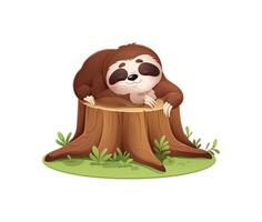 Cartoon lazy sloth animal character sleep on stump vector