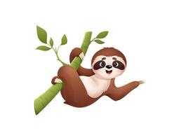 Cartoon cute sloth character hang from tree branch vector