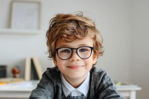 boy schoolboy in glasses sitting at table, school, studying, vision problem, vision correction, optics, ophthalmology photo