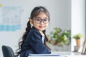 asian school girl in glasses sitting at table, school, studying, vision problem, vision correction, optics, ophthalmology photo