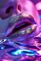 Close up of a woman's lips covered with metallic glitter and sequins photo